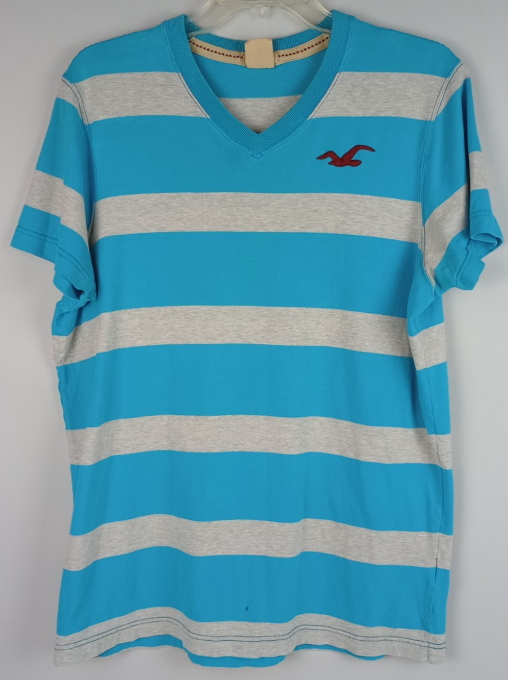 Y2K Hollister Mens‎ XL Teal Gray Striped Surfer Cut V Neck Short Sleeve Tshirt